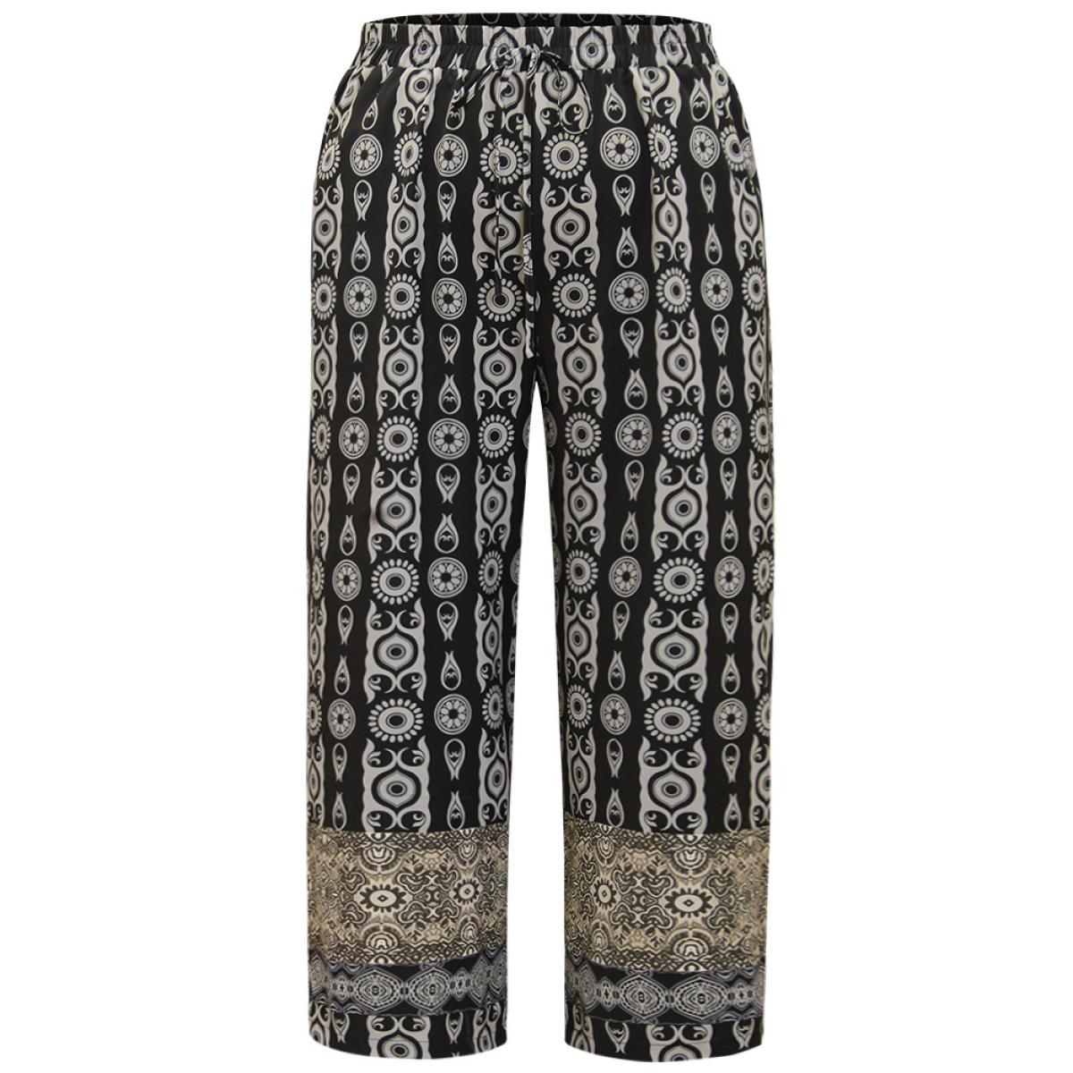 Plus Size Boho Print Straight leg Pants Women Black Vacation Straight Leg High Rise Dailywear Pants BloomChic 18-20/2X Product Image