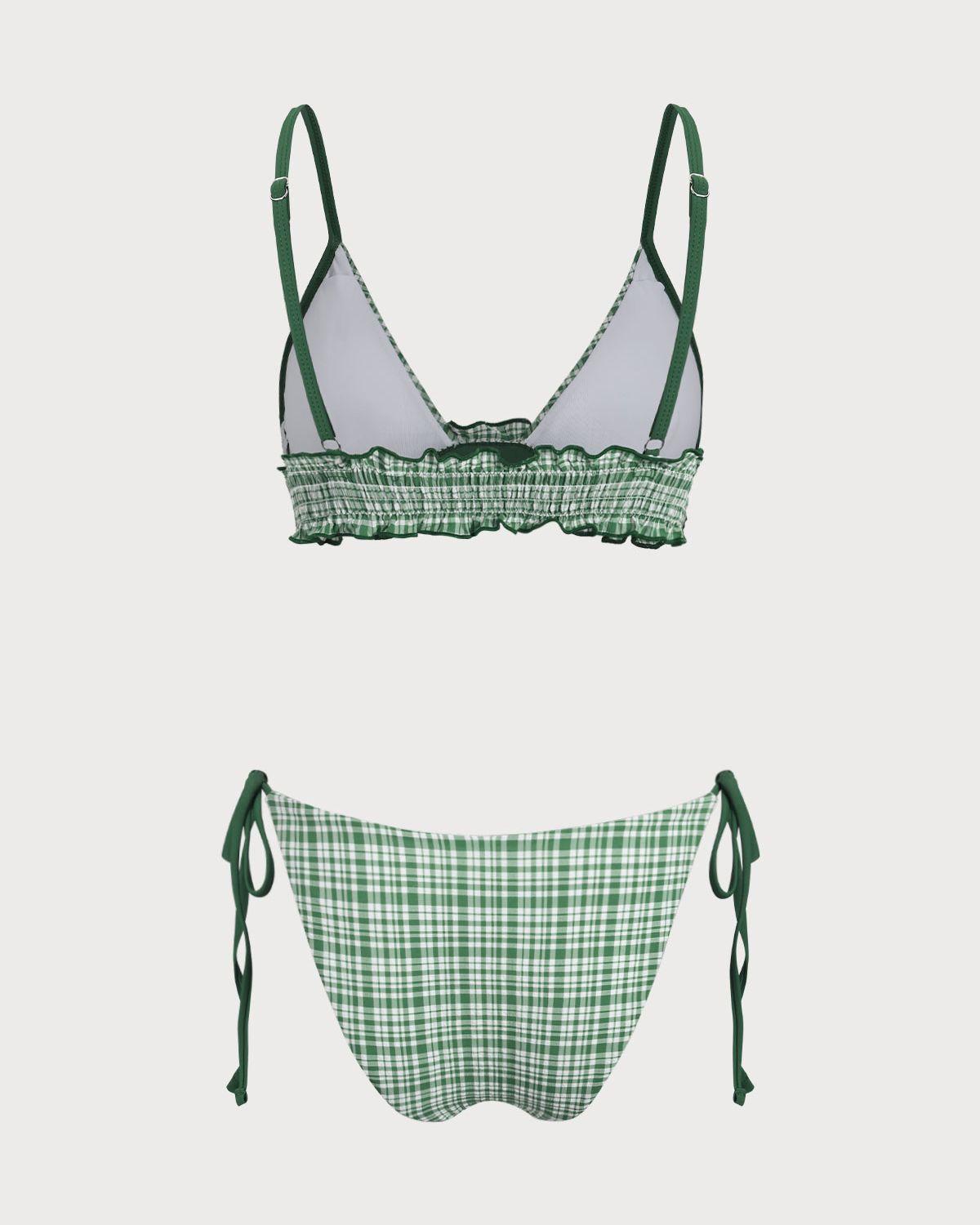 Green Contrast Plaid Wrinkled Bikini Set Product Image