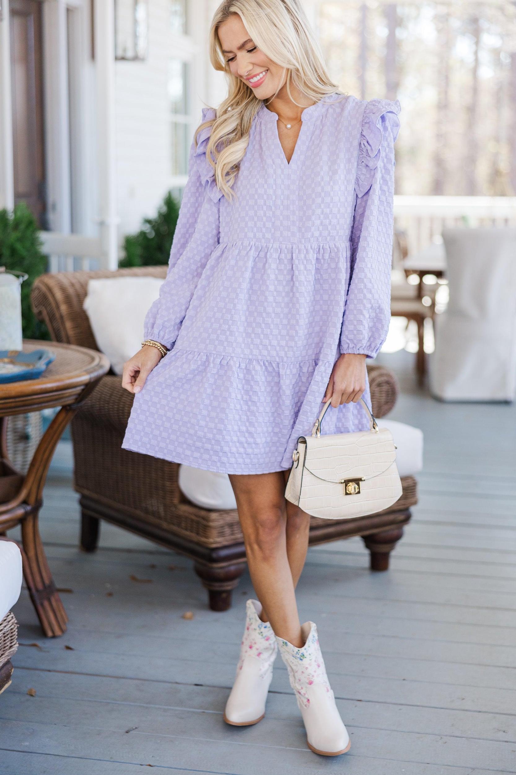 At This Time Lavender Purple Textured L/S Babydoll Dress Female Product Image