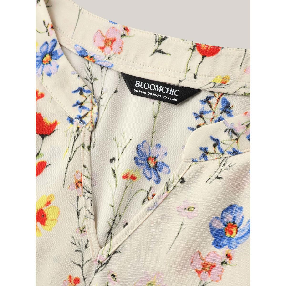 Plus Size Beige Branch Floral Print Notched Collar Blouse Women Timeless Short sleeve Notched collar Elegant Blouses BloomChic 10/M Product Image