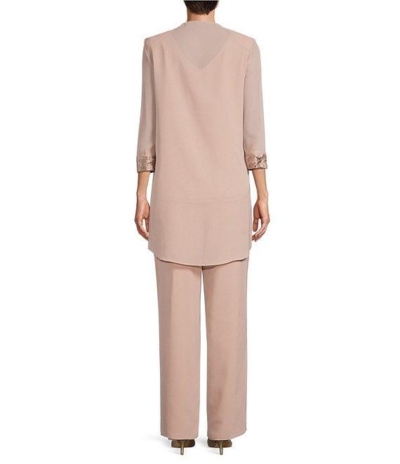 Le Bos Round Neck 3/4 Sleeve Embroidered Trim Duster 3-Piece Pant Set Product Image