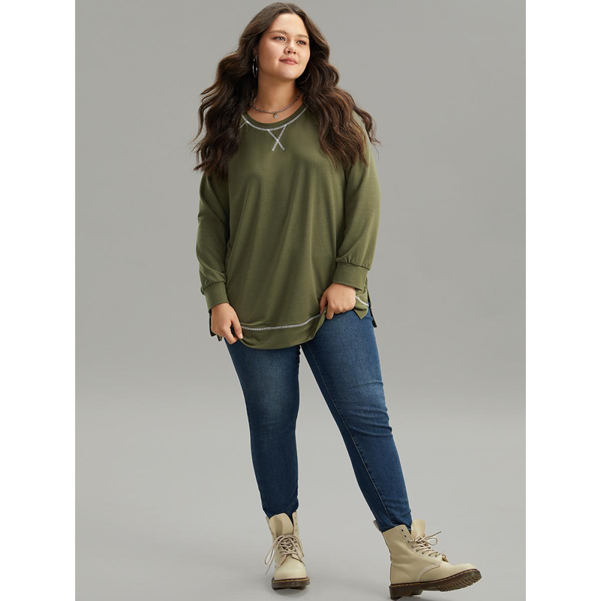 Plus Size Plain Stitch Raglan Sleeve Sweatshirt Women ArmyGreen Casual Elastic cuffs Round Neck Dailywear Sweatshirts BloomChic 14-16/1X Product Image