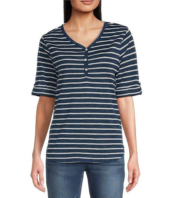 Leo & Nicole Knit Stripe V-Neck Elbow Sleeve Top Product Image