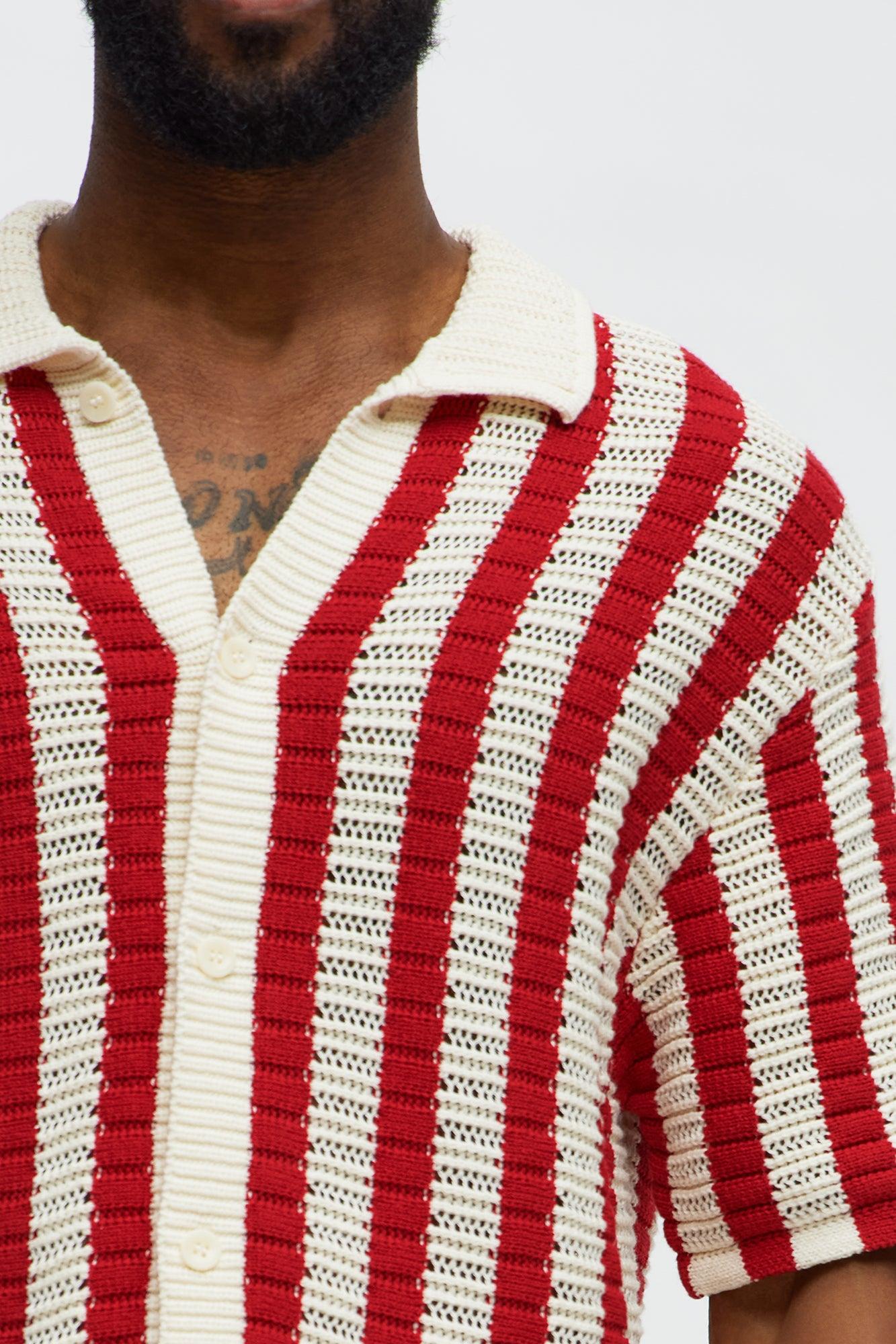 Clark Striped Knit Button up Shirt - Red/combo Product Image