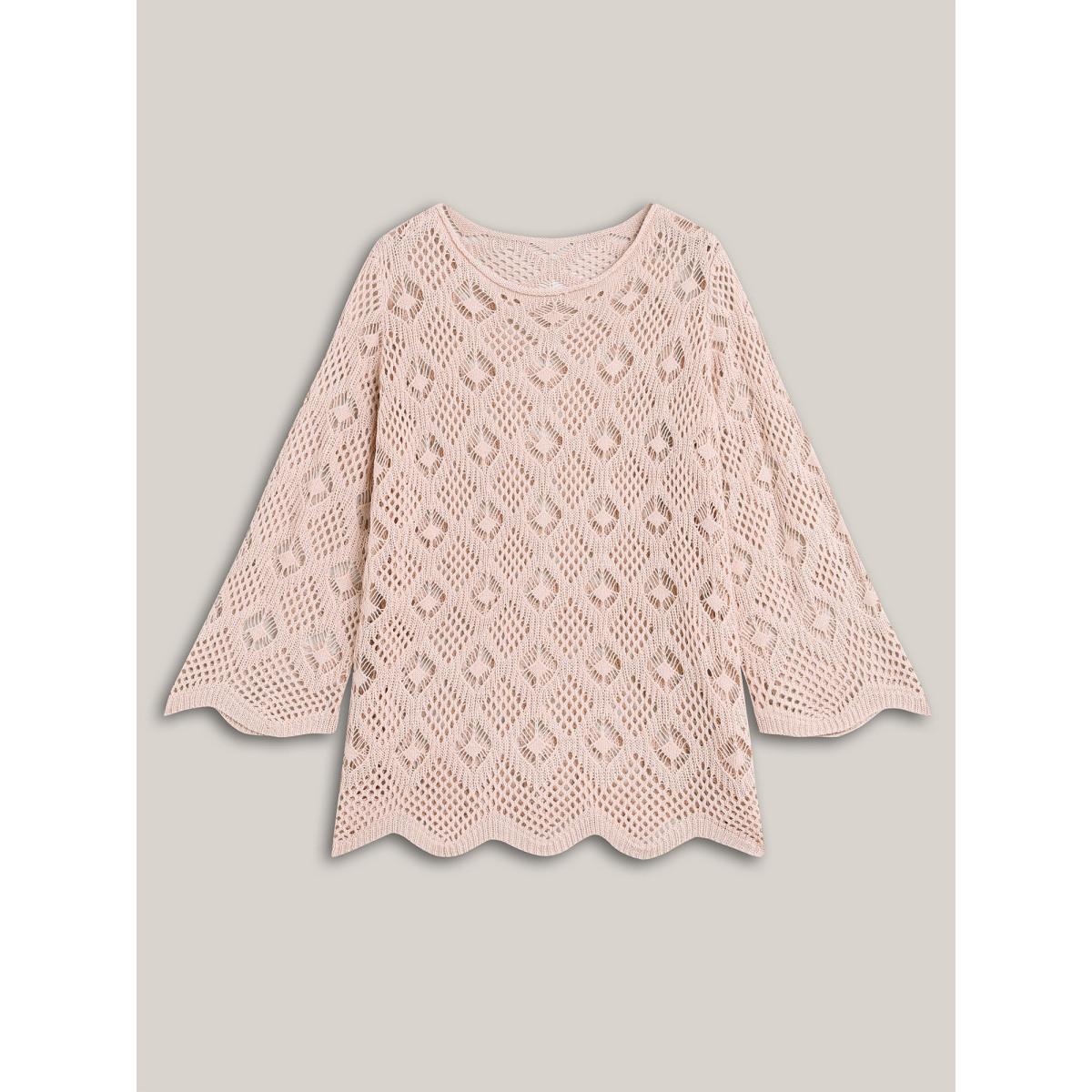 Plus Size Cut Out Textured Feel Pullover MistyRose Women Casual Loose Long Sleeve Round Neck Everyday Pullovers BloomChic 22-24/3X Product Image