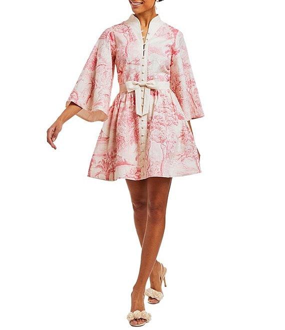 Mestiza New York Carmen Toile Print Button Up Mandarin Collar Butterfly 3/4 Sleeve Bow Tie Waist Mini A-Line Dress Product Image