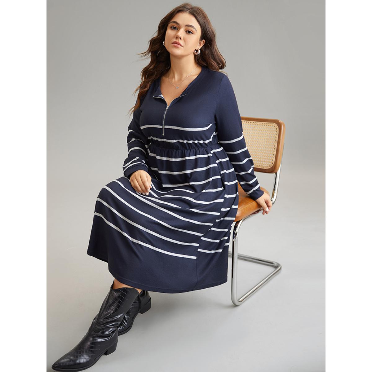 Plus Size Striped Elastic Waist Pocket Zipper Dress DarkBlue Women Casual Printed Round Neck Long Sleeve Curvy Midi Dress BloomChic 22-24/3X Product Image