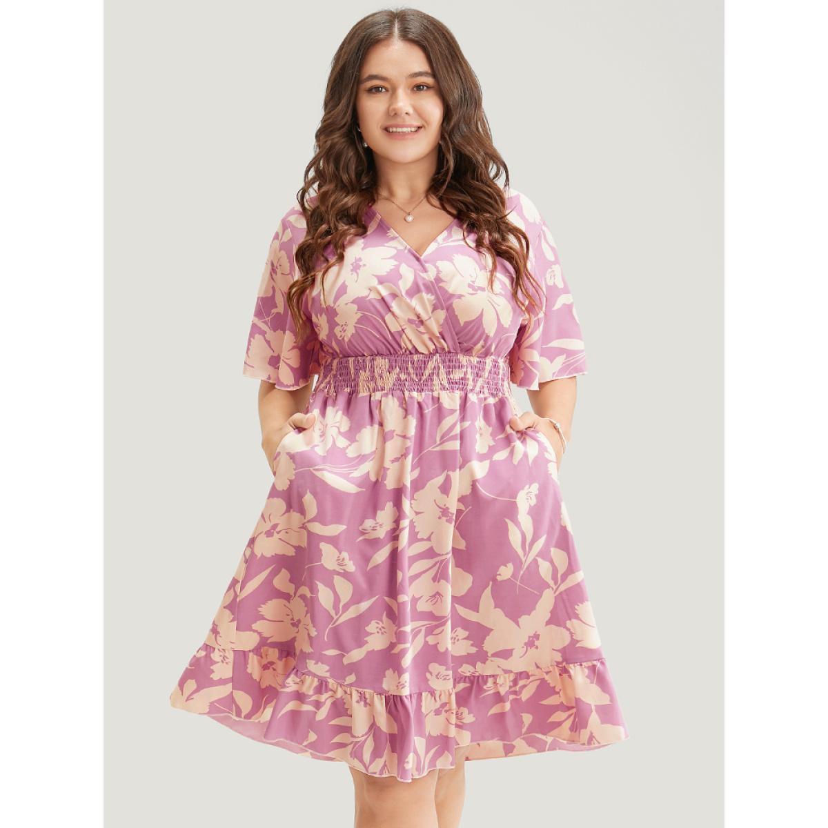 Plus Size Floral Surplice Neck Flutter Pocket Shirred Knee Dress Lilac Women Elegant Pocket V-neck Short sleeve Curvy Knee Dress BloomChic 10/M Product Image