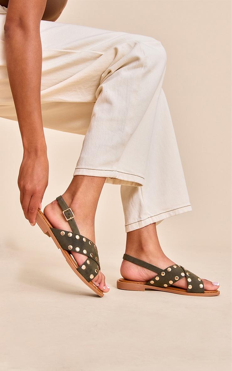 Khaki Faux Suede Studded Sling Back Sandal Product Image