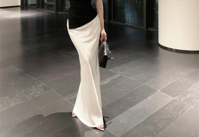 Plain Asymmetrical Tube Top / High Waist Plain Satin Maxi Mermaid Skirt Product Image