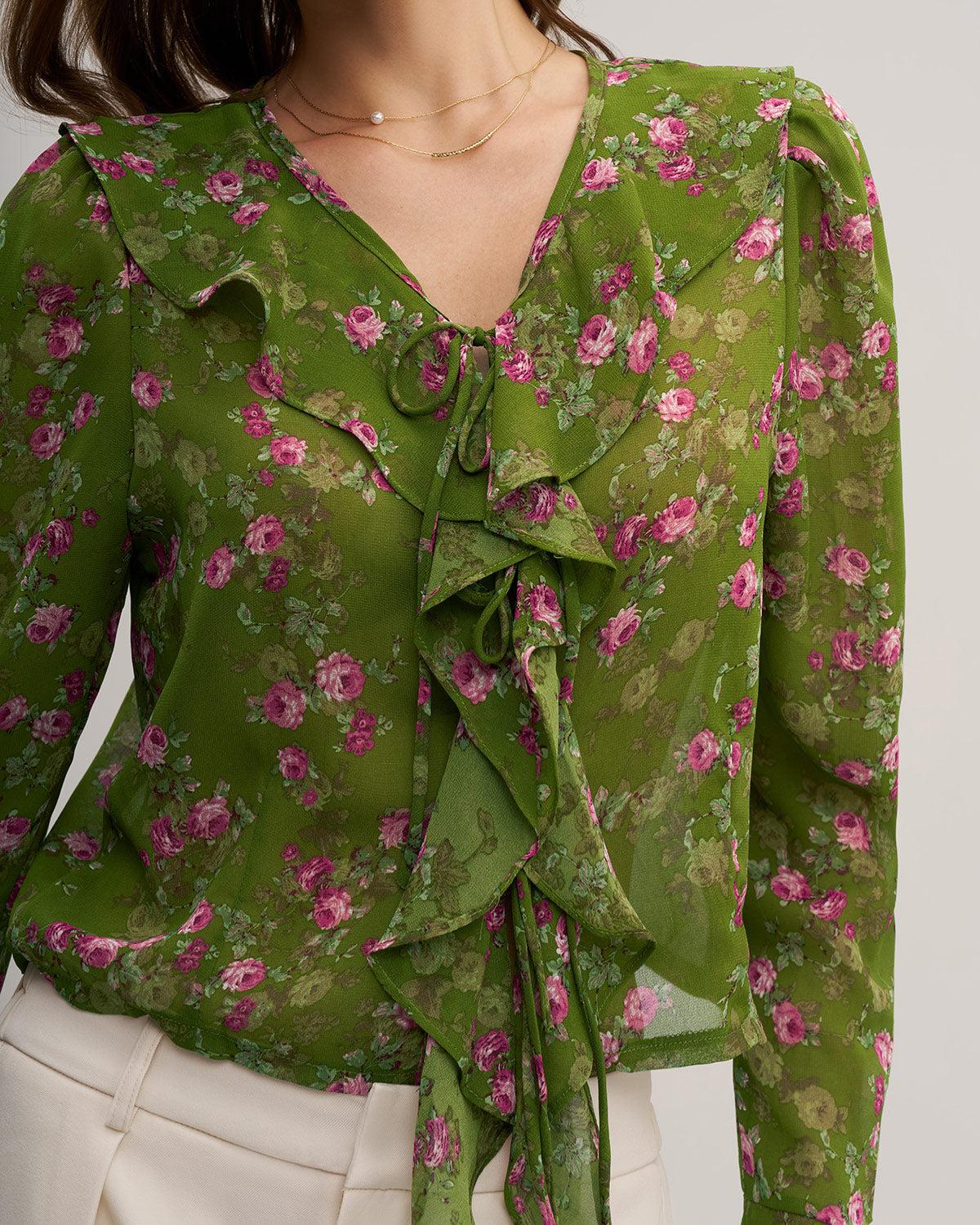 Green Floral Chiffon Ruffle Blouse Product Image
