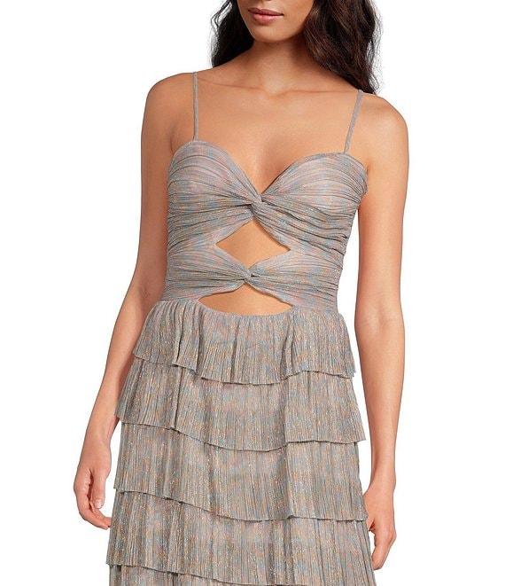 Gianni Bini Grace Metallic Plisse Sweetheart Neck Cut-Out Tiered Dress Product Image