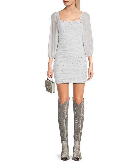 Xtraordinary Rhinestone 3/4 Mesh Sleeve Ruched Bodycon Dress Product Image