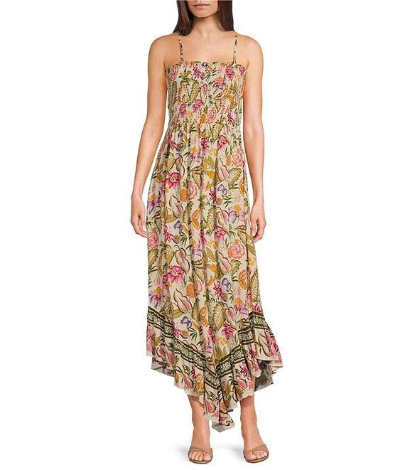 Angie Multi Floral Print Smocked Bodice Spaghetti Strap High-Low Maxi Dress Product Image