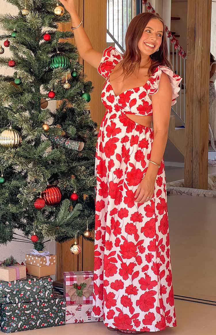 Kaden Red Anemone Floral Print Maxi Dress Product Image