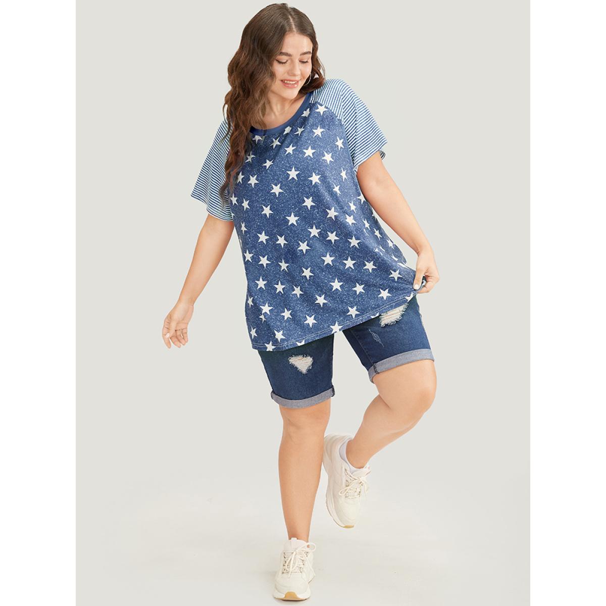 Plus Size Star Patchwork Striped Raglan Sleeve T-shirt Blue Women Casual Moon and Star Round Neck Dailywear T-shirts BloomChic 10/M Product Image