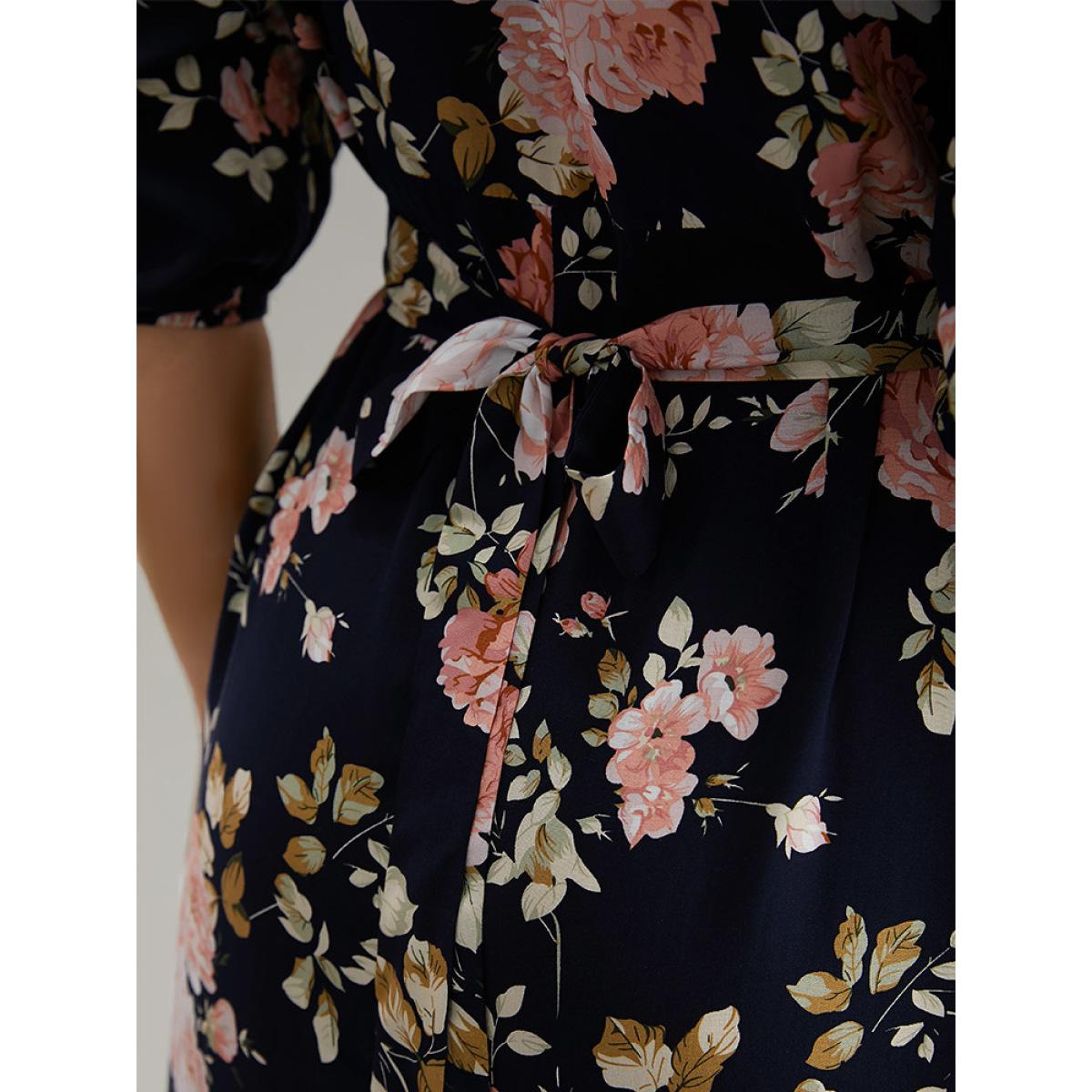Plus Size Floral Print Pleated Ties Wrap Lantern Sleeve Dress DarkBlue Women Vacation Elastic cuffs Overlap Collar Half Sleeve Curvy Midi Dress BloomChic 14-16/1X Product Image