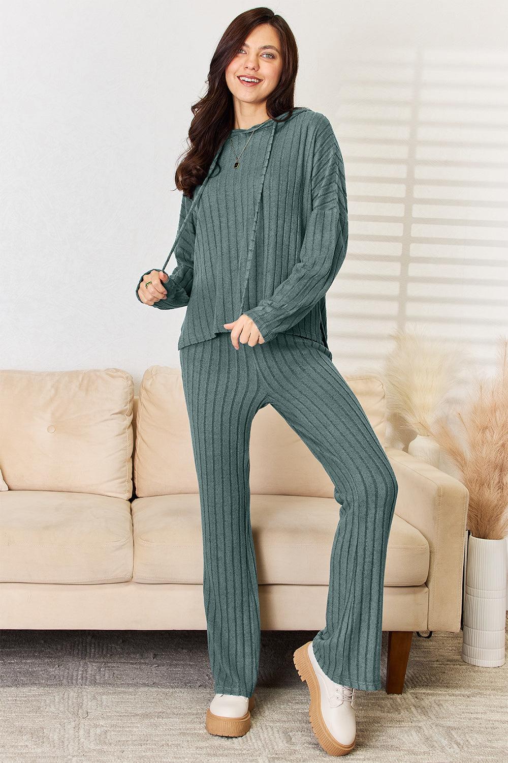 Basic Bae Full Size Ribbed Drawstring Hooded Top and Straight Pants Set Product Image