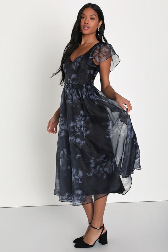 Mesmerizing Mood Black Floral Organza Ruffled A-Line Midi Dress Product Image