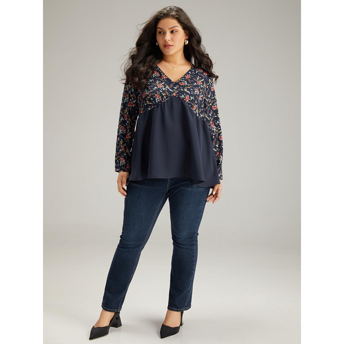 Plus Size Indigo Floral Print Patchwork Pleated Blouse Women Elegant Long Sleeve V-neck Dailywear Blouses BloomChic 22-24/3X Product Image