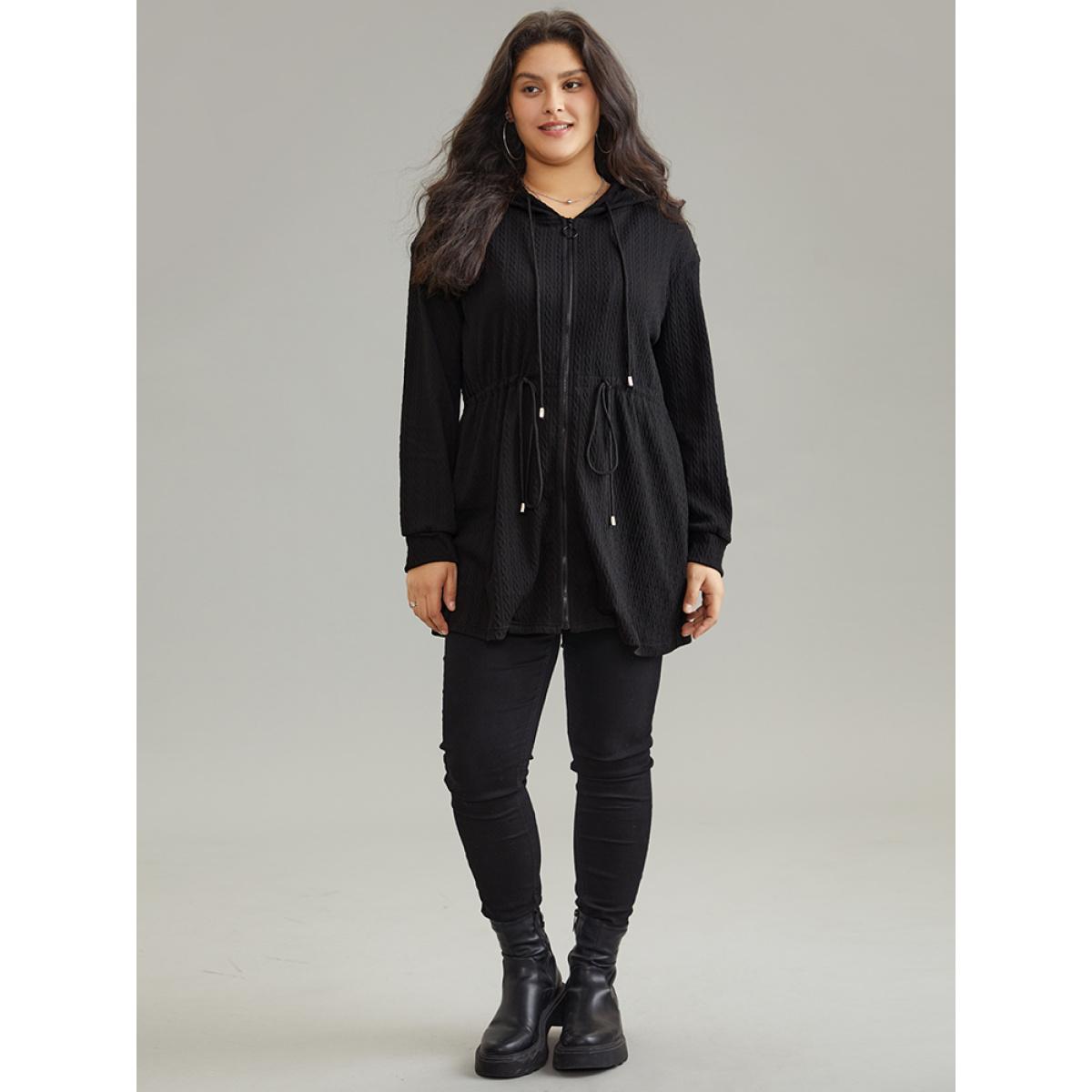 Plus Size Plain Zipper Elastic Waist Drawstring Coat Women Black Casual Plain Ladies Dailywear Winter Coats BloomChic 30/6X Product Image