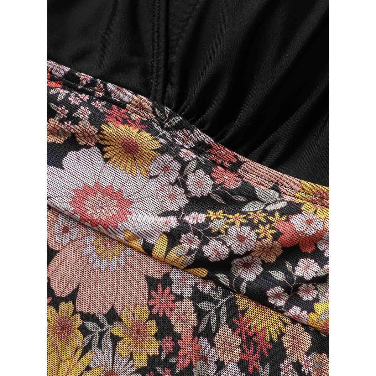 Plus Size Natural Flowers Patchwork Mesh Gathered Swim Dress Women's Swimwear Multicolor Beach Bodycon V-neck High stretch Curve Swim Dresses BloomChic 22-24/3X Product Image