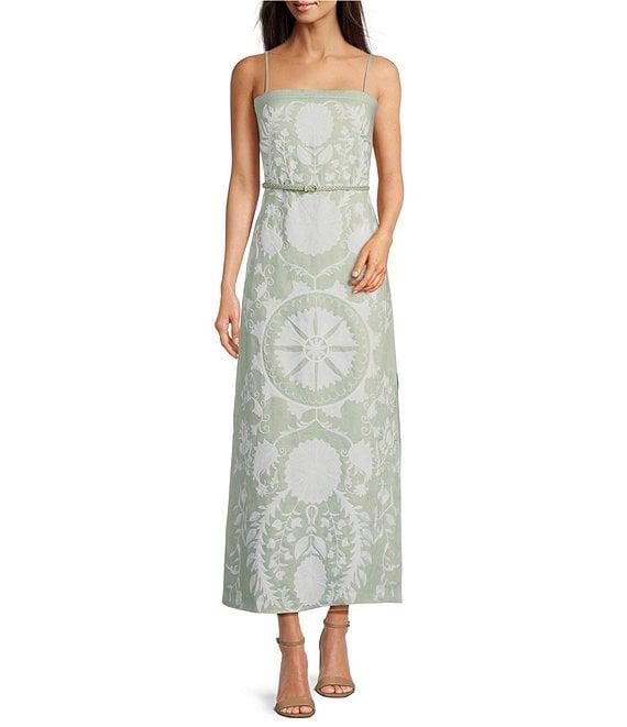 Le' AL.X Linen Embroidered Square Neck Sleeveless Spaghetti Strap Braided Belt Column Side Slit Maxi Coordinating Dress Product Image