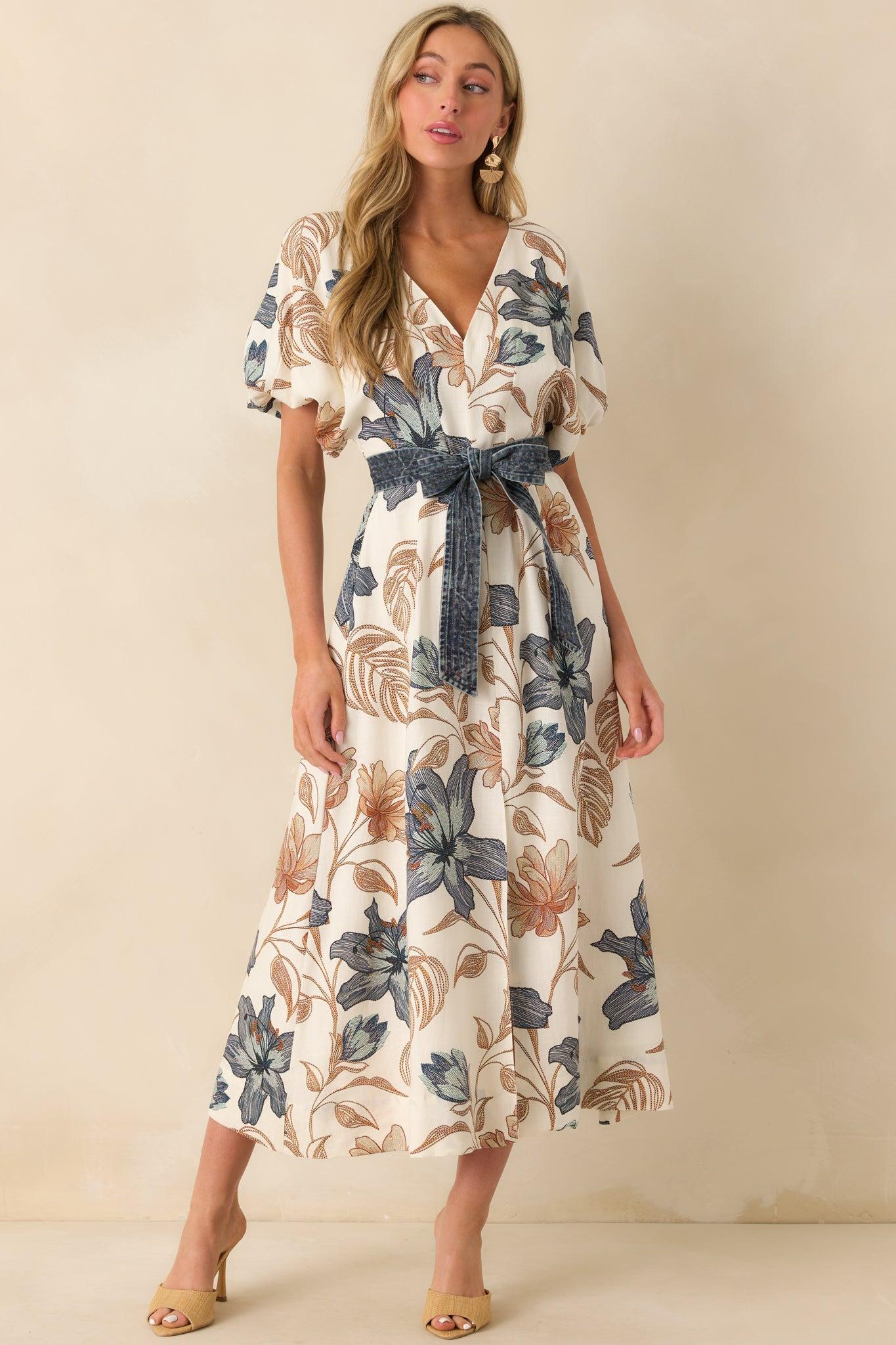 Aylaya Ivory Multi Floral Print Linen Blend Sorrento Maxi Dress Product Image