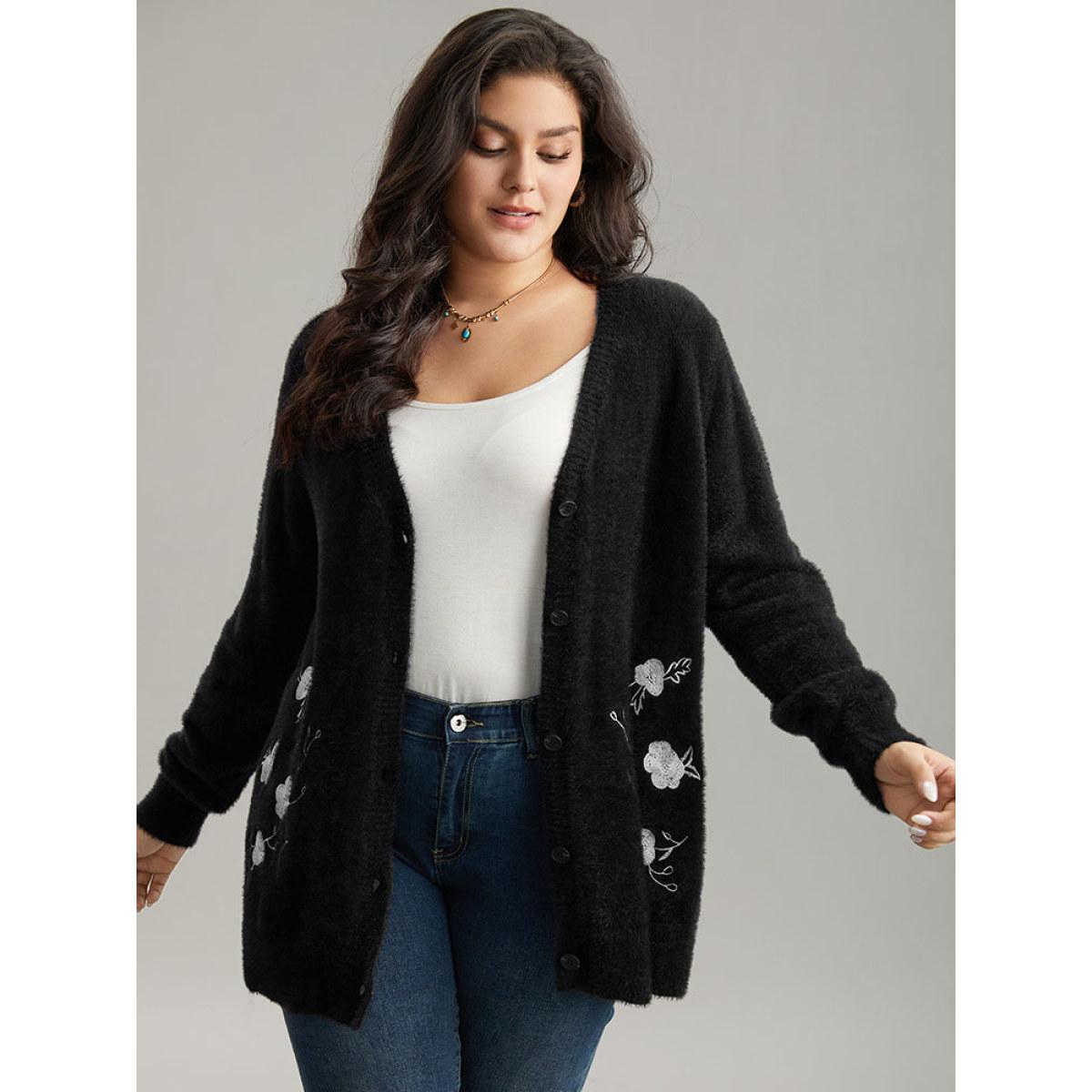 Plus Size Floral Embroidered Fuzzy Open Front Cardigan Black Women Casual Loose Long Sleeve Everyday Cardigans BloomChic 26/4X Product Image