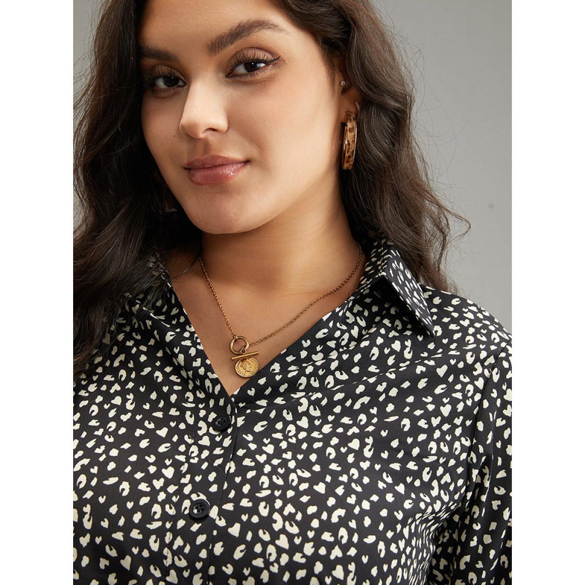 Plus Size Black Leopard Print Shirt Collar Button Through Blouse Women Office Elbow-length sleeve Shirt collar Work Blouses BloomChic 10/M Product Image