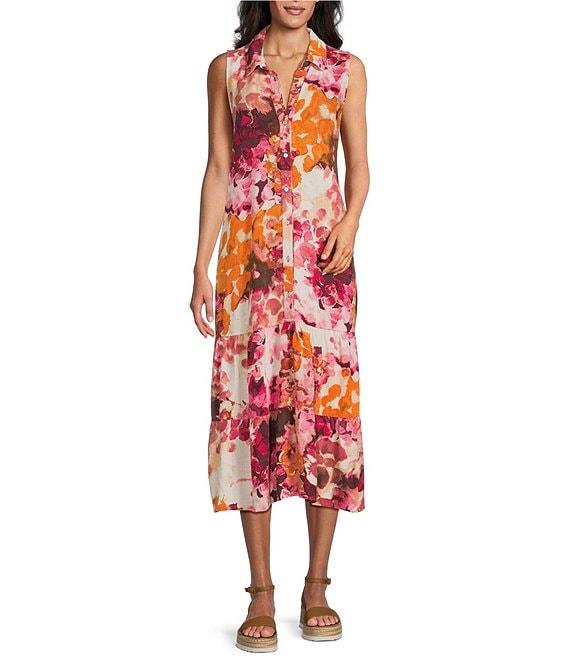 Westbound Sleeveless Button Front Y-Neck A-Line Midi Dress Product Image