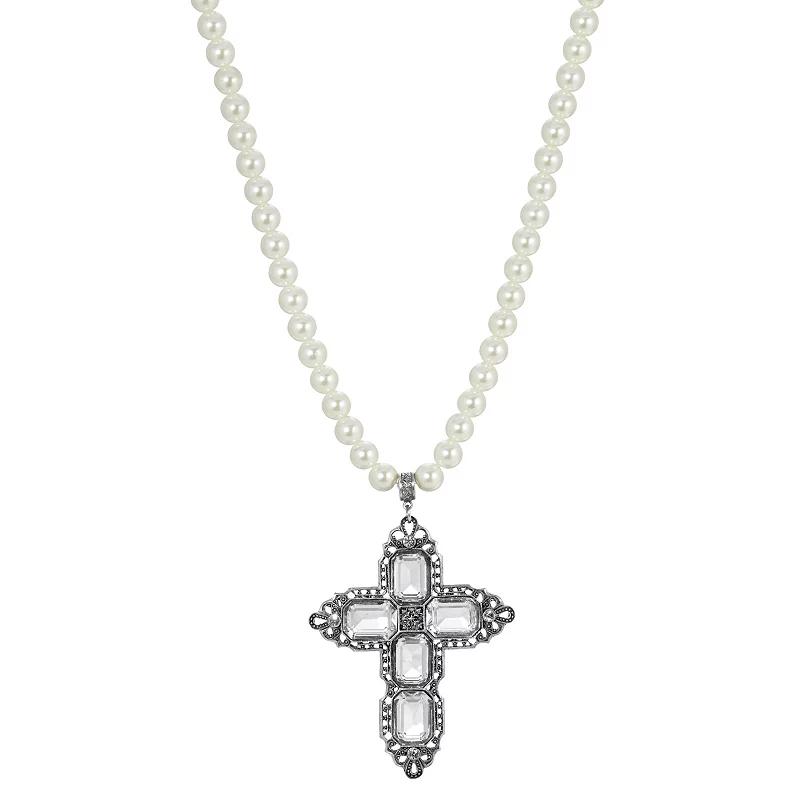 1928 Silver Tone Rectangle Crystal Cross Simulated Pearl Necklace, Women's, Clear Product Image