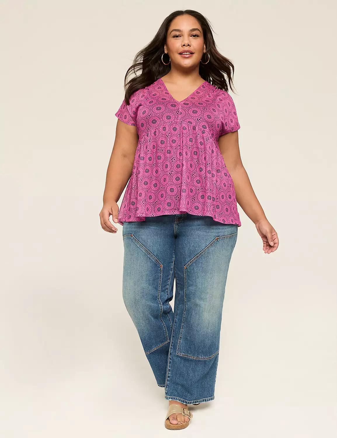 Mesh Cap-Sleeve V-Neck Top Product Image