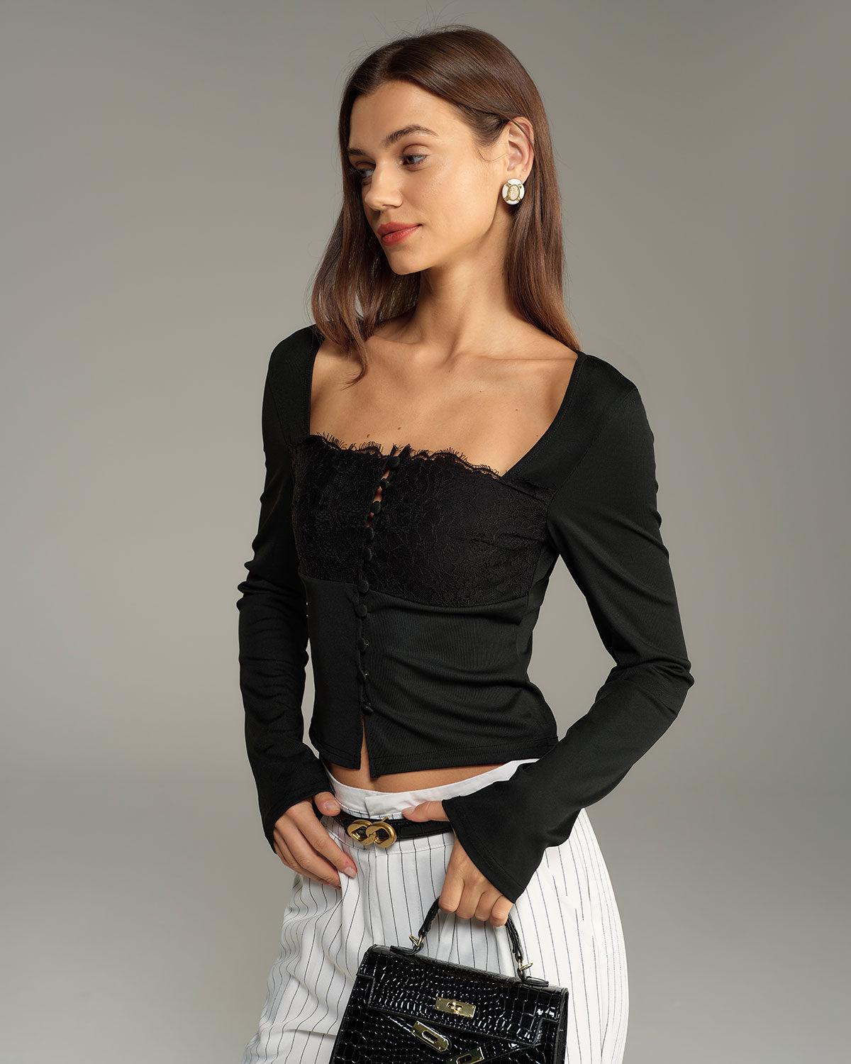 Black Square Neck Button Slim Tee Product Image