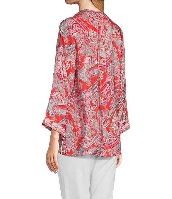 Calessa Petite Size Woven Embroidered Printed Split V-Neck Wrist Length Sleeve Tunic Product Image