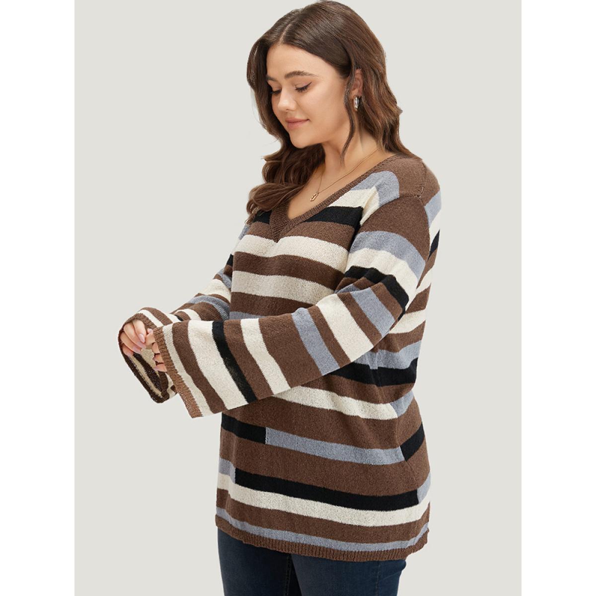 Plus Size Striped Colorblock Contrast V Neck Pullover Multicolor Women Casual Long Sleeve V-neck Dailywear Pullovers BloomChic 14-16/1X Product Image