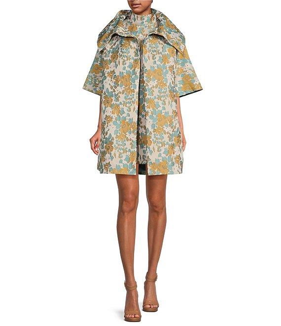 Buru Brocade Floral Oversized Point Collar 3/4 Sleeve Pocketed Topper Jacket Product Image