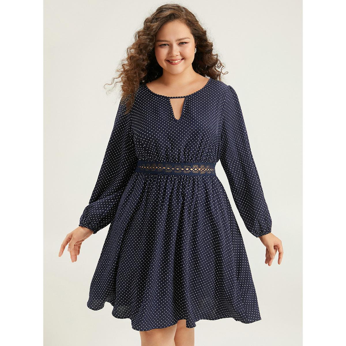 Plus Size Polka Dot Keyhole Lace Panel Dress Indigo Women Office Elastic cuffs Keyhole Cut-Out Long Sleeve Curvy Knee Dress BloomChic 14-16/1X Product Image
