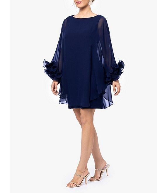 Xscape Boat Neck Sheer Long Cape Sleeve Wire Ruffle Trim Mini Dress Product Image