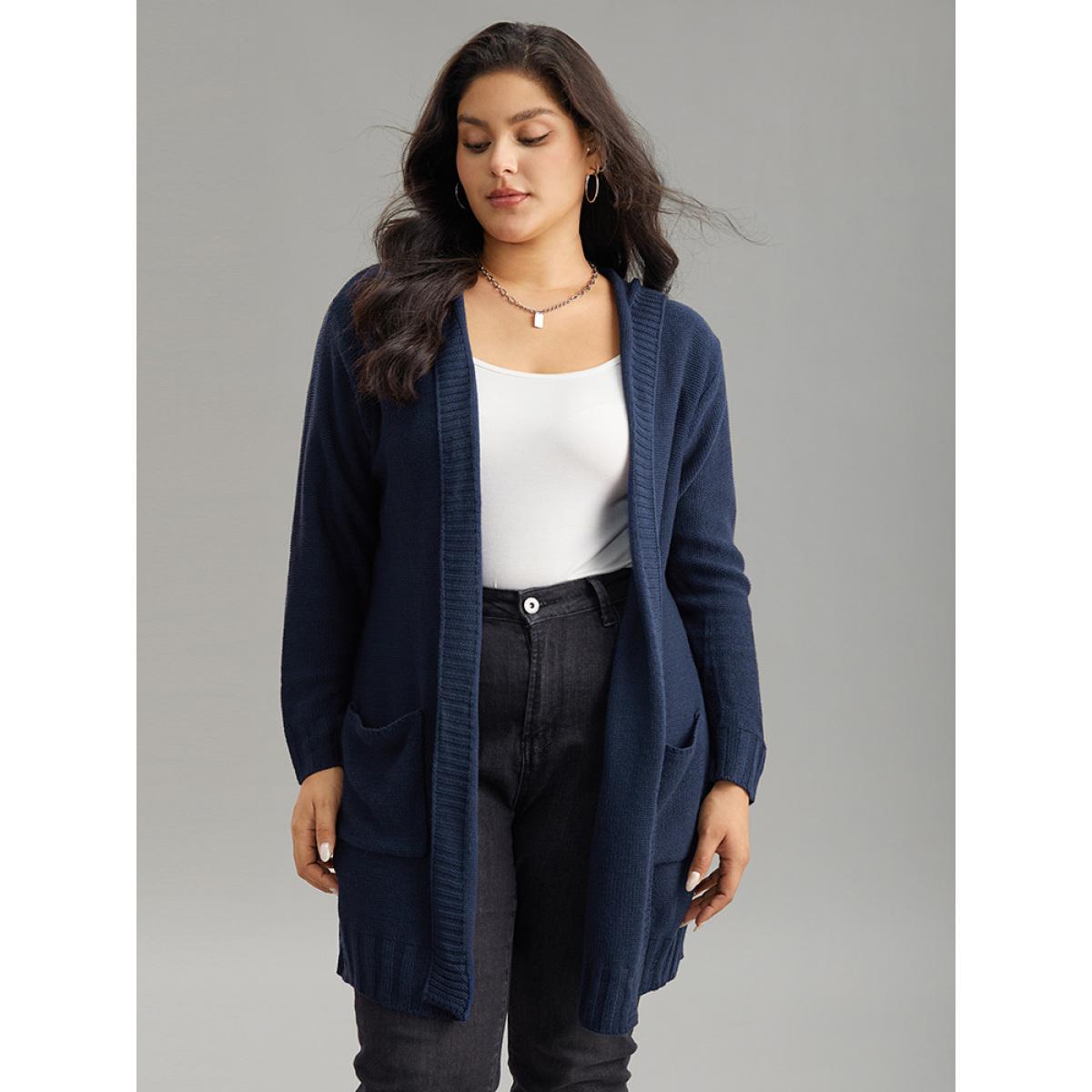 Plus Size Plain Texture Pocket Hooded Cardigan Aegean Women Casual Loose Long Sleeve Dailywear Cardigans BloomChic 10/M Product Image