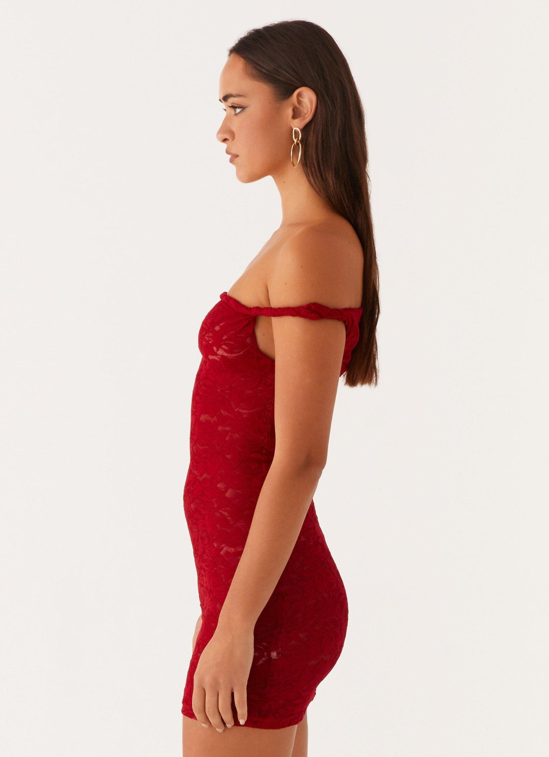 Arabella Lace Twist Shoulder Mini Dress - Red Product Image