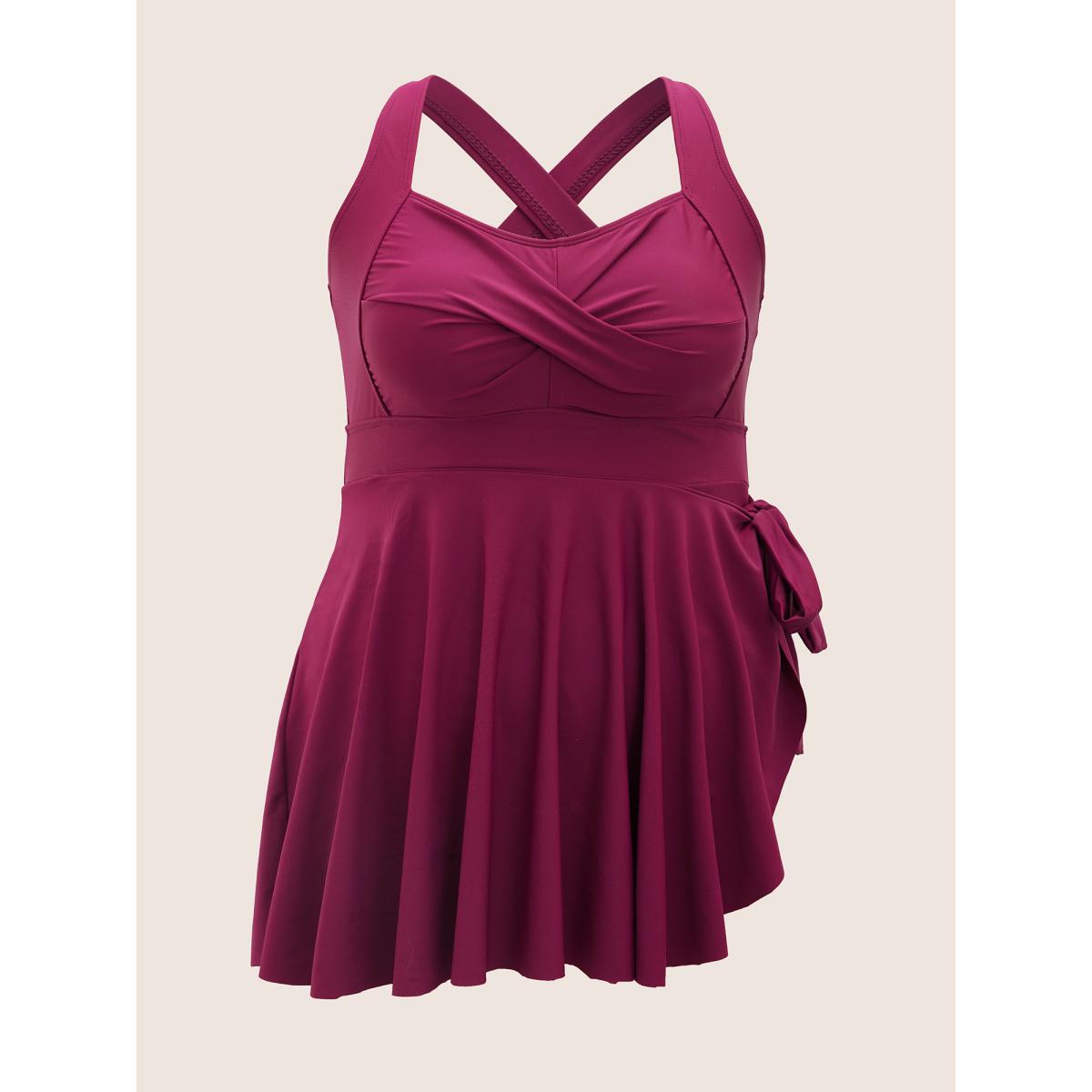 Plus Size Plain Crossover Knotted Asymmetrical Hem Swim Dress Women's Swimwear RedViolet Beach Bodycon Heart neckline High stretch Curve Swim Dresses BloomChic 22-24/3X Product Image