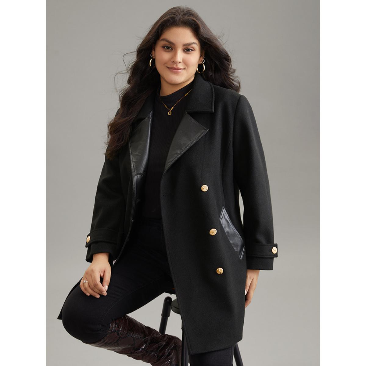 Plus Size PU Patchwork Pocket Double Breasted Jacket Women Black Lined Pocket Dailywear Jackets BloomChic 10/M Product Image