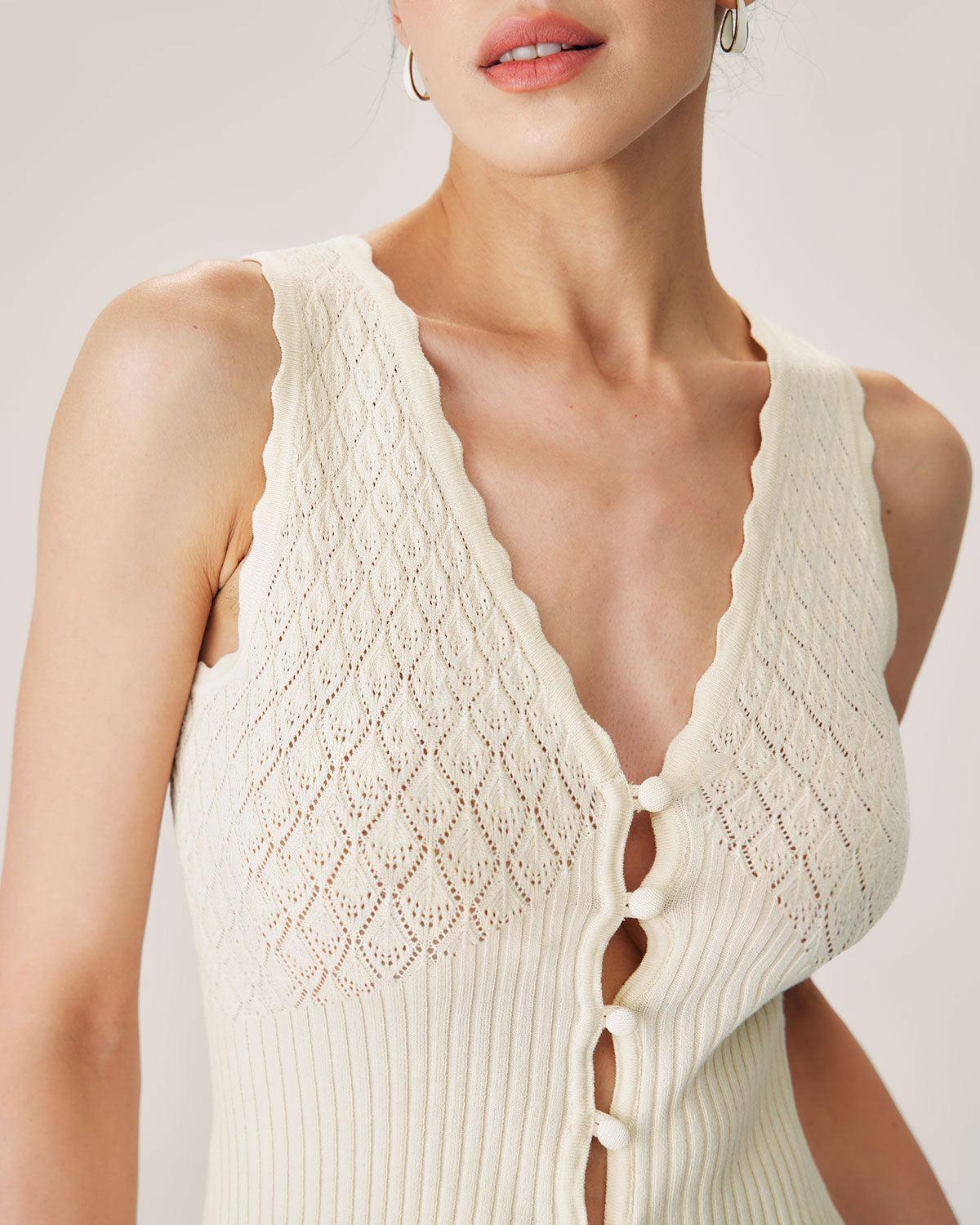 Beige V Neck Ribbed Knit Tank Product Image