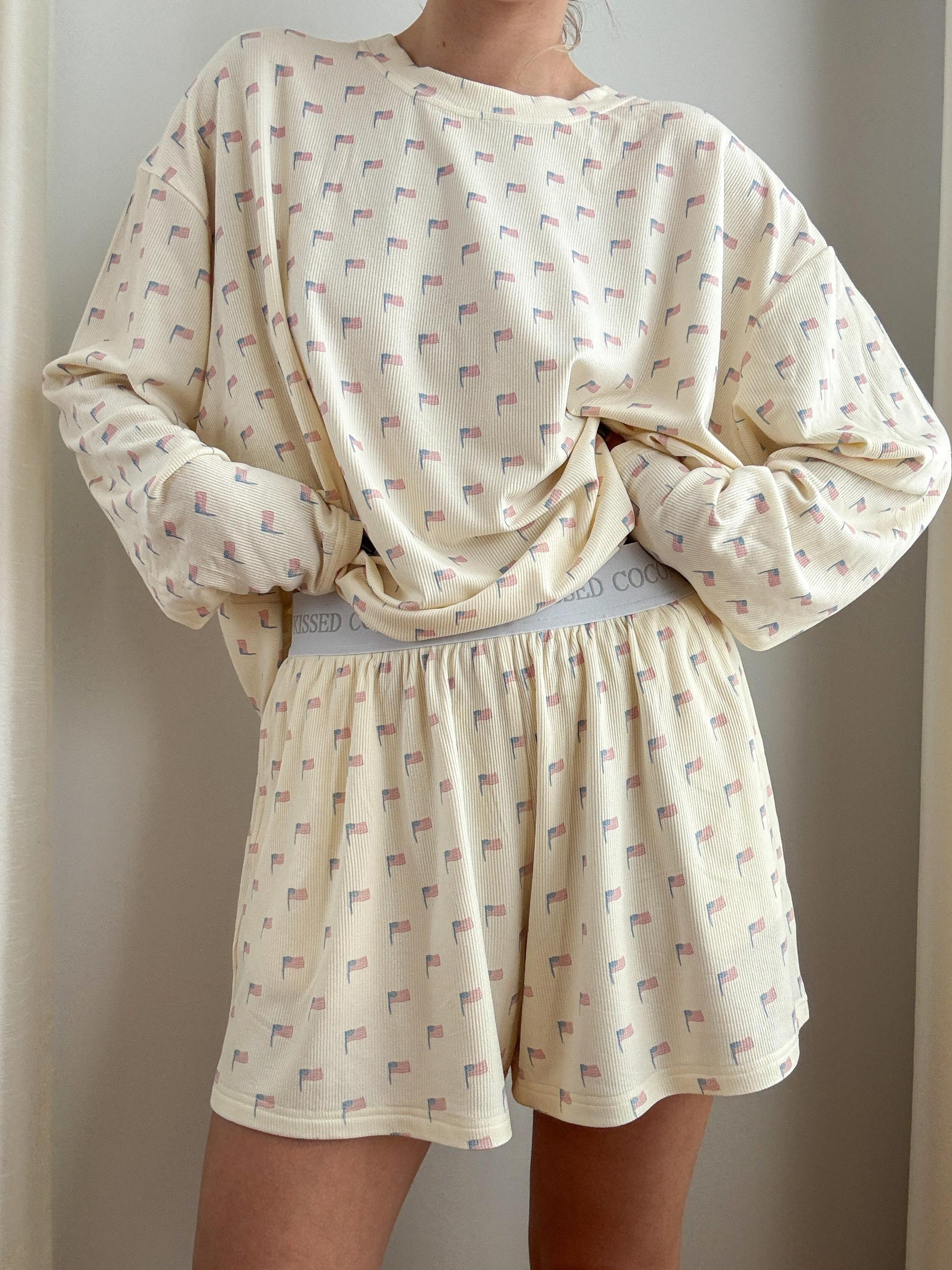 Pale Yellow American Flag Pajama Pattern Top Product Image