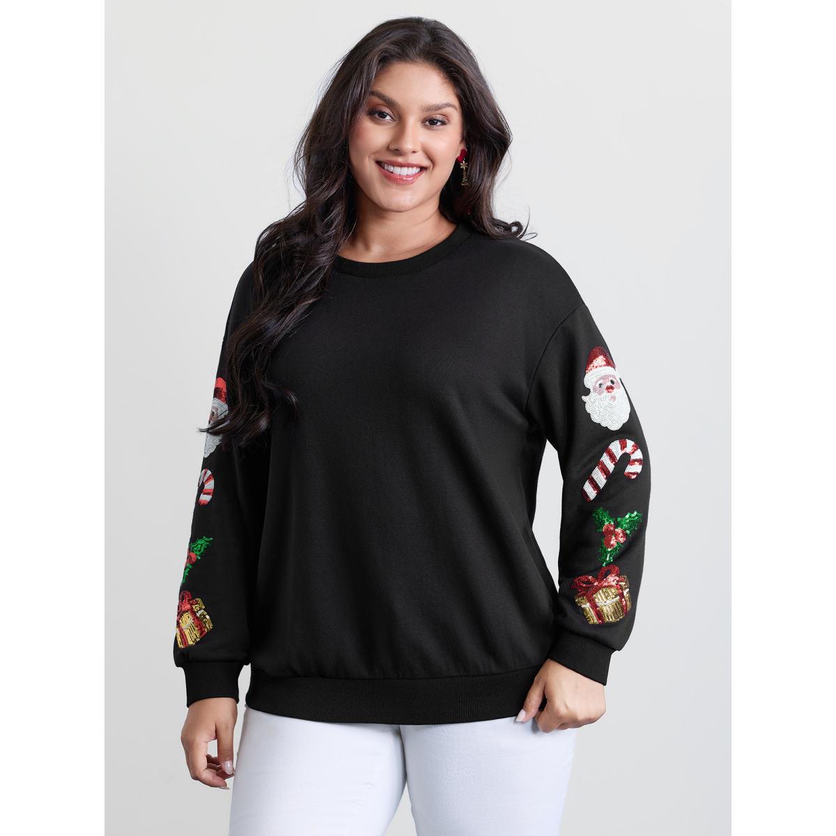 Plus Size Holiday Sequin Embroidery Relaxed-Fit Sweatshirt Women Black Leisure Round Neck Casual Sweatshirts BloomChic 14-16/1X Product Image