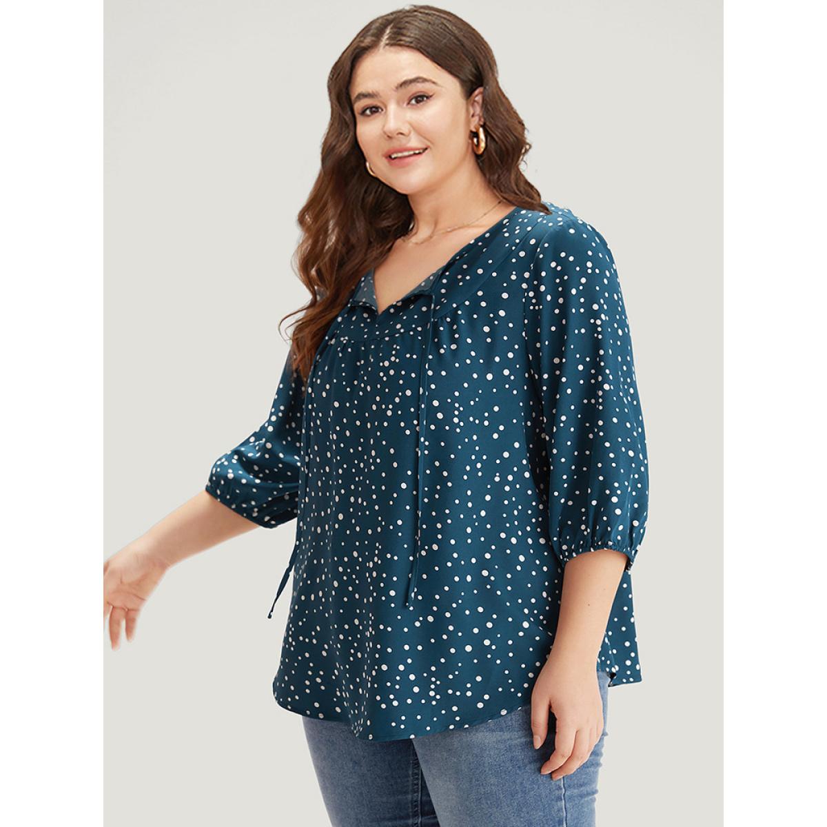 Plus Size Aegean Polka Dot Knot Neck Arc Hem Blouse Women Elegant Elbow-length sleeve Tie Neck Dailywear Blouses BloomChic 14-16/1X Product Image