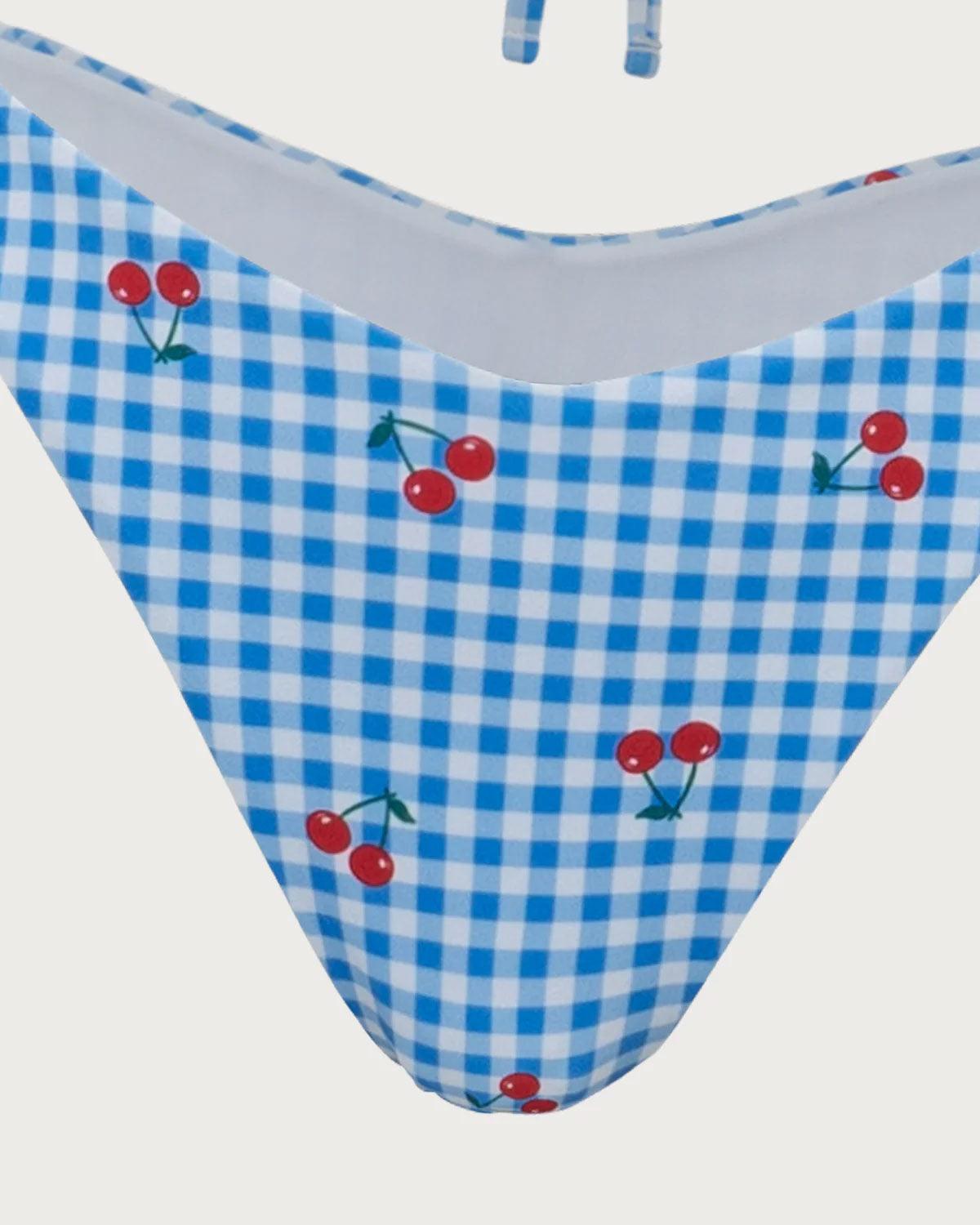 Blue Plaid Cherry Halter Bikini Set Product Image