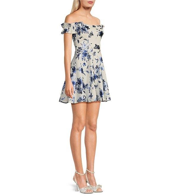 City Vibe Strapless Off The Shoulder Ruffled Elastic Sleeve Skater Dress Product Image