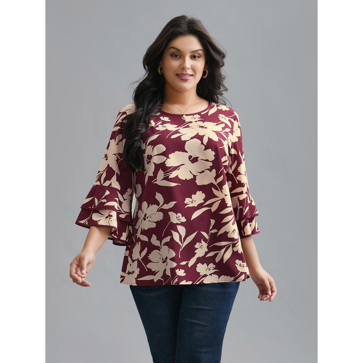 Plus Size Plum Silhouette Floral Print Tiered Ruffles Blouse Women Elegant Elbow-length sleeve Round Neck Everyday Blouses BloomChic 12/L Product Image